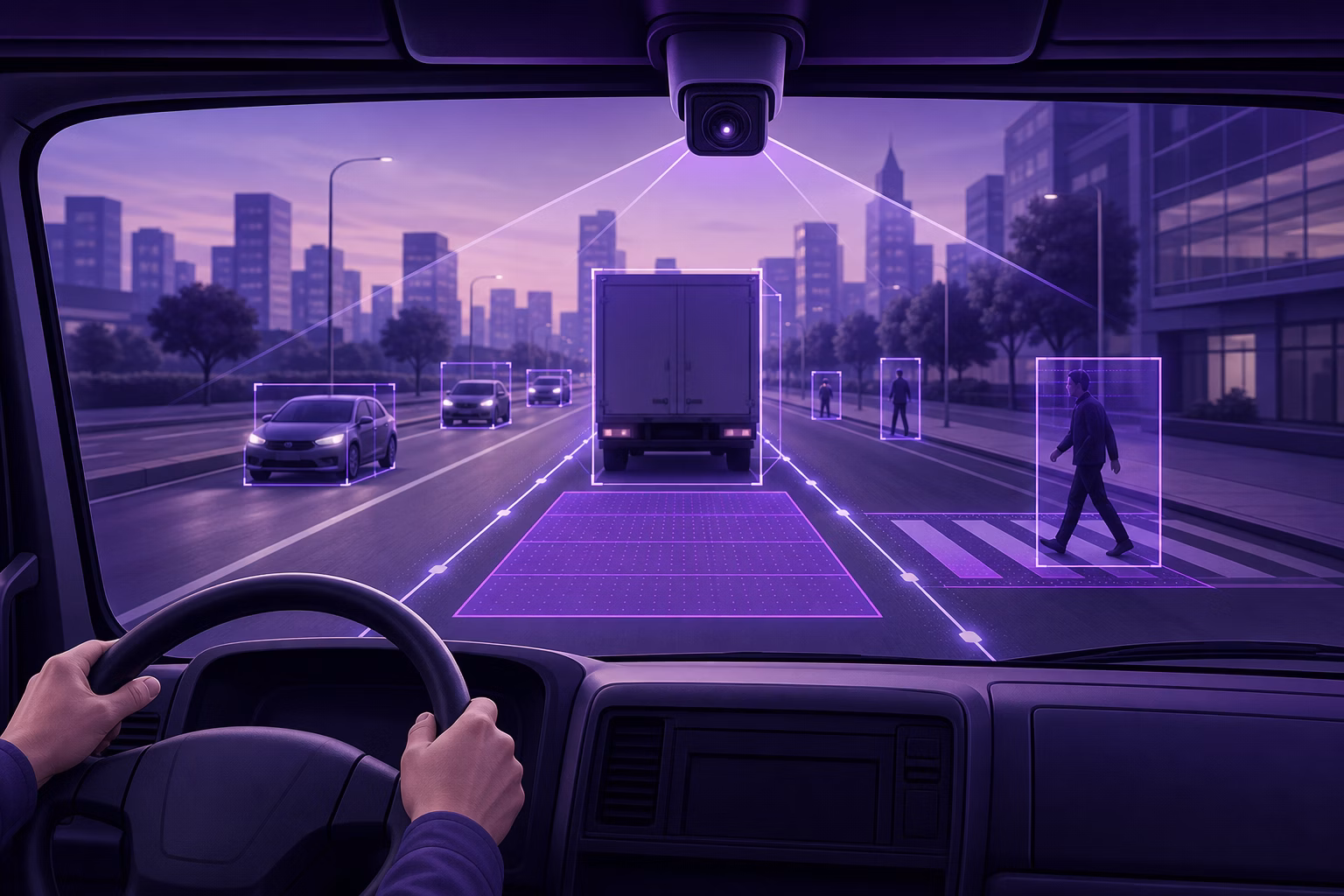 Câmera com inteligência artificial instalada no para-brisa de caminhão analisando a estrada com visão computacional, destacando detecção de veÃculos, pedestres e faixas em tempo real