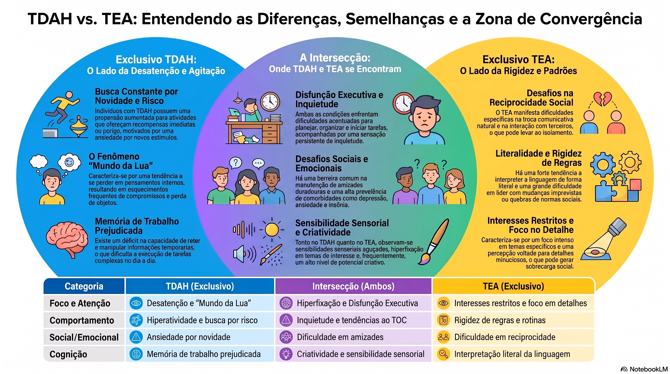 Infográfico comparando TDAH e TEA, com características exclusivas e sintomas em comum