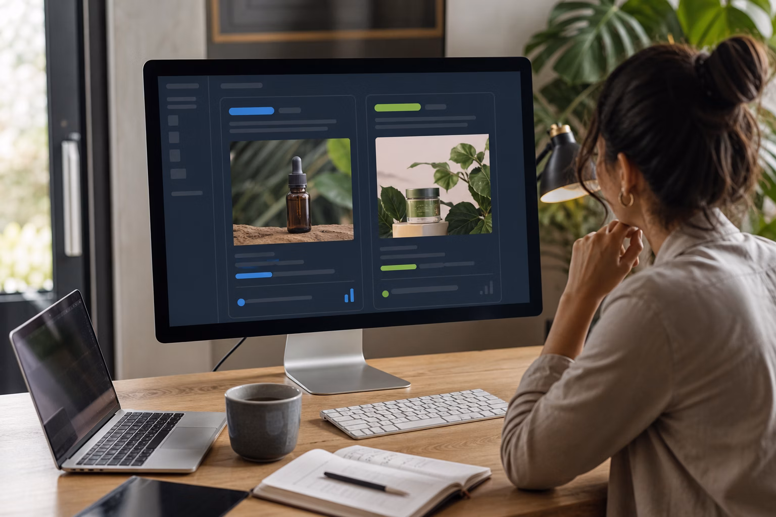 Painel de testes A/B em uma tela de computador mostrando duas versões de anúncio lado a lado para comparação de desempenho