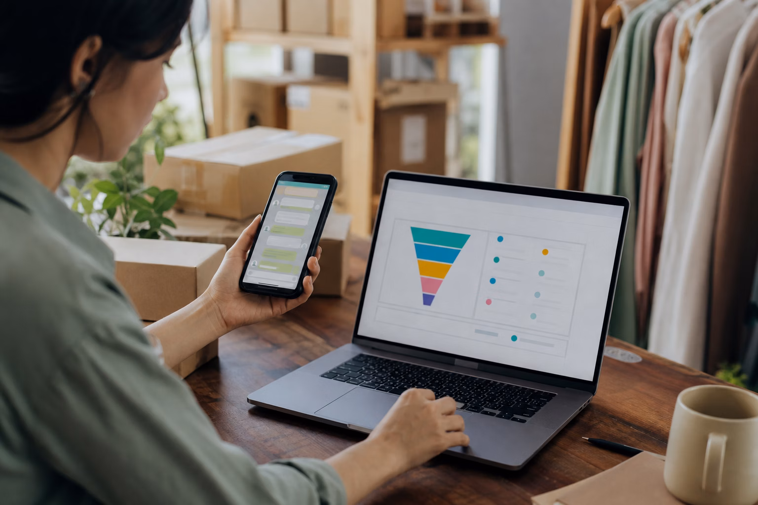 Mesa de trabalho de uma pequena empresa com celular exibindo conversas de WhatsApp e notebook aberto no funil de vendas de um CRM